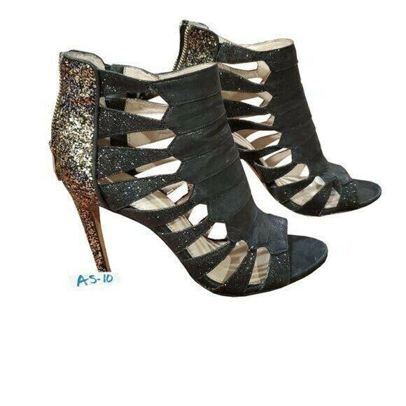 Vince Camuto Caged Heels 7.5 Black Leather Glitter Back Zip Bootie Shoe - Picture 6 of 11